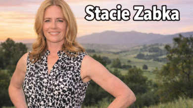 Stacie Zabka portrait with name text on a scenic background