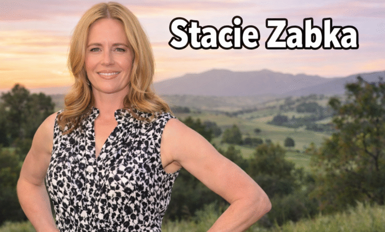 Stacie Zabka portrait with name text on a scenic background